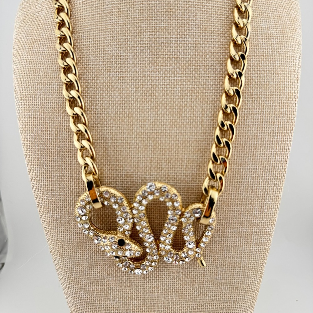 Natasha Couture Pave Snake Necklace Gold Tone Crystal Serpent Chunky Curb Chain
